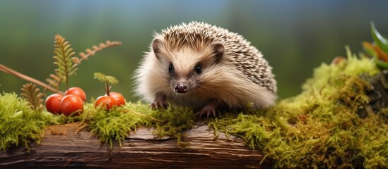 Hedgehog on mossy log with tomatoes - obrazy, fototapety, plakaty