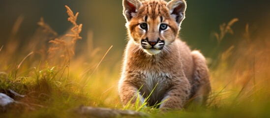 Young lion cub walking in grassy field