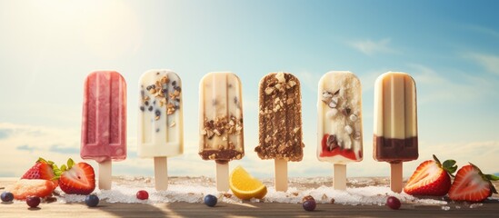 Fruit and ice cream popsicles on wooden surface