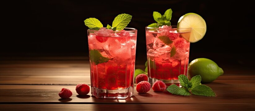 Two glasses of raspberry mojita with lime and mint
