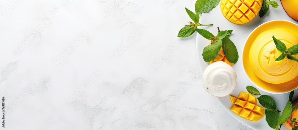 Canvas Prints Close-up of mango pudding and fresh mango with spoon on table