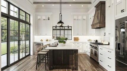 Beautiful white kitchen with dark accents in new modern farmhouse style luxury home, 3D rendering, generative AI - obrazy, fototapety, plakaty