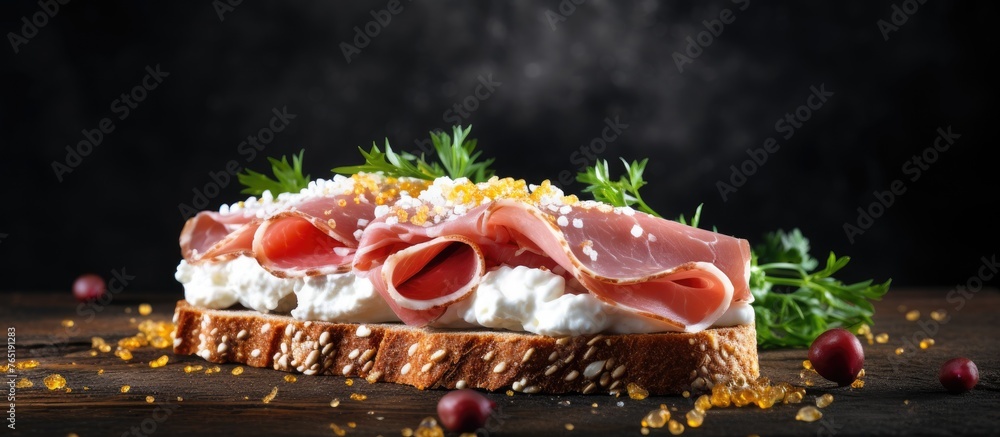 Poster Close-up of sandwich with meat and cheese on wooden surface