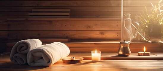Candles and towels on wooden sauna table - obrazy, fototapety, plakaty