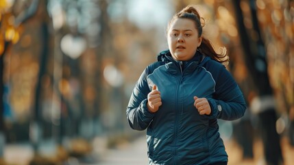 Fat woman running to lose weight in the park. - obrazy, fototapety, plakaty