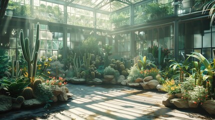 Fototapeta premium A lush 3D isometric greenhouse scene featuring a mix of succulents
