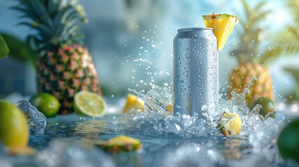 Aluminum cans without logos with ice, pineapple and lime splashes. Layout of advertising banners, etc. - obrazy, fototapety, plakaty