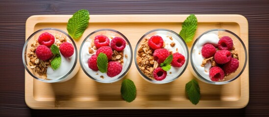 Four yogurt glasses with raspberries and granola on wooden tray