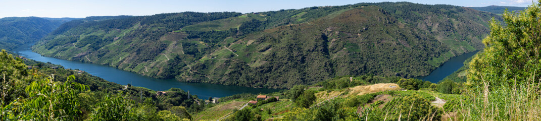 Vista panorámica del río Sil en Lugo con el agua azul y los acantilados verdes cultivados con viñedos en la Ribera Sacra, viajando por España en verano de 2021 - obrazy, fototapety, plakaty