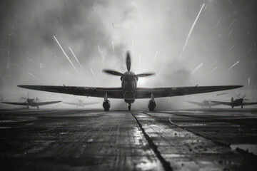 Westward Bound: WWII Era Planes in Motion on Airfield - War Photographer's Black and White Propaganda Shot