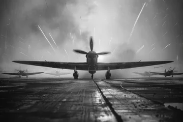 Keuken foto achterwand Oud vliegtuig Westward Bound: WWII Era Planes in Motion on Airfield - War Photographer's Black and White Propaganda Shot