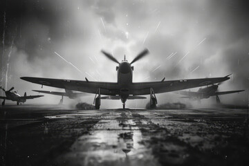 Fototapeta premium Westward Bound: WWII Era Airfield Advancement Captured in Monochrome War Photography