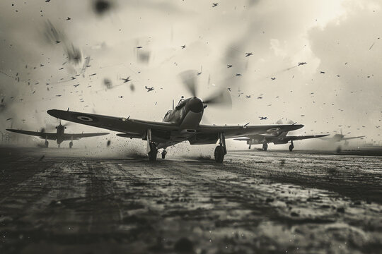 Westward Bound: Capturing the Spirit of WWII Through Advancing Planes on the Airfield in Black and White War Photography