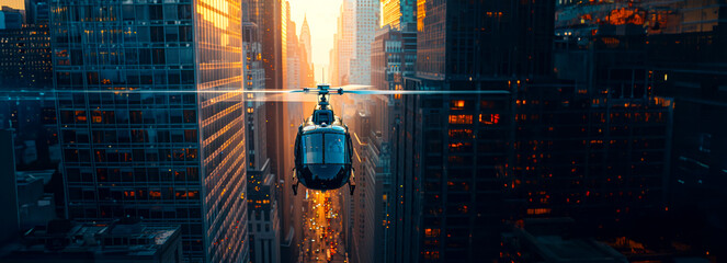 Urban Skyline: A Stealthy Black Helicopter Soars Amidst City Skyscrapers - obrazy, fototapety, plakaty