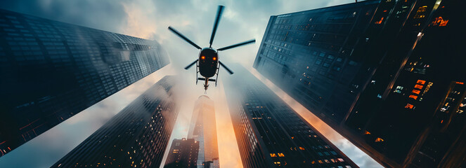 Urban Skyscraper Safari: A Black Helicopter Soars Through the Cityscape - obrazy, fototapety, plakaty