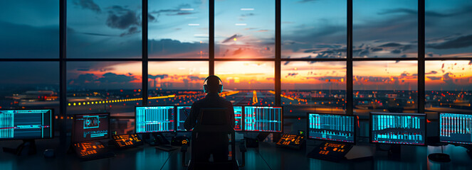 Aviation Communication: Inside the Airport Tower with Air Traffic Controllers and Navigation Screens