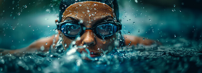 Determined female triathlete powering through rain swim. - obrazy, fototapety, plakaty