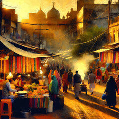 Obraz premium Bustling Evening Market in Traditional Indian Bazaar Oil Acrylic Painting On Canvas Artwork