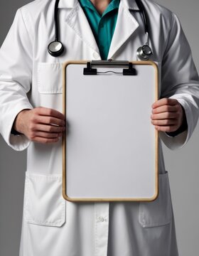 A solemn-faced doctor displays an empty clipboard, symbolizing the serious nature of healthcare decisions. The stark image captures the gravity of medical professionalism.
