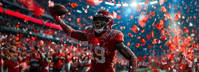 Red-clad football star celebrates scoring a touchdown in packed Super Bowl stadium
