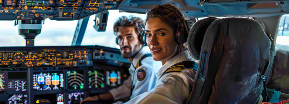 Male and Female Pilots in Cockpit of International Passenger Flight: Dashboard Controls and Monitors