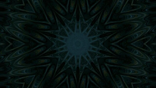Abstract Kaleidoscope pattern with full colors. Magic mandala. 4k of smooth lines waves glittering light effect on round shape in center, black background 