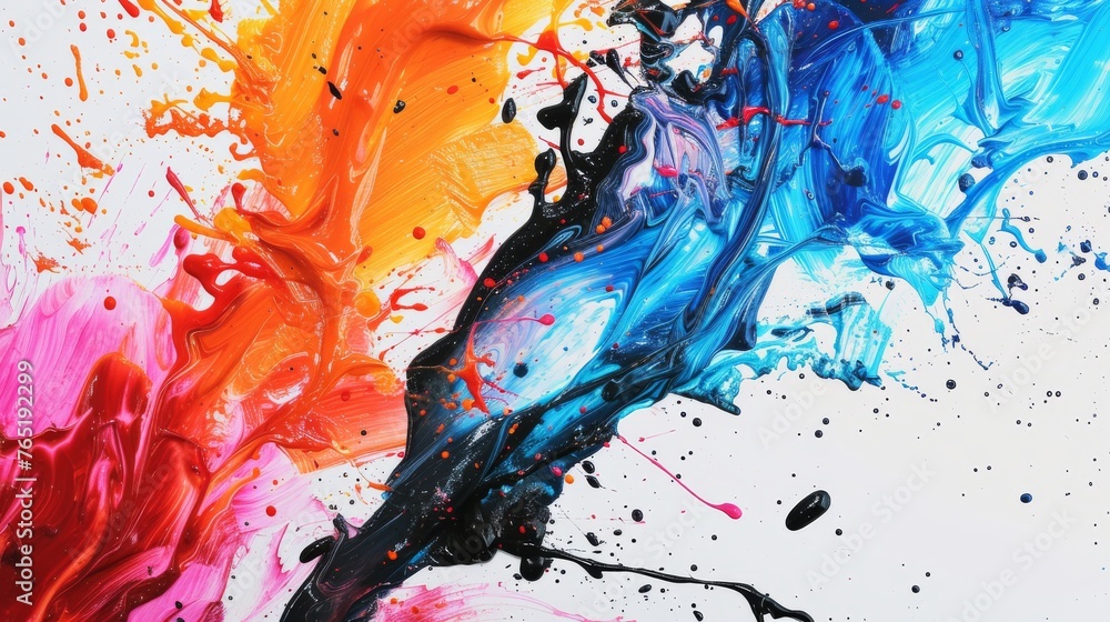 Poster this abstract composition captures dynamic splashes of orange, blue, and pink paints, creating an en
