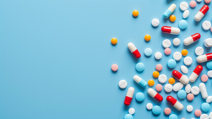 Assorted Medications on a Blue Background. Various pills, capsules, and tablets scattered over a vibrant blue background, symbolizing healthcare and medicine.