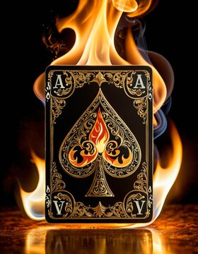 A dramatic image capturing the iconic Ace of Spades playing card as it is consumed by vibrant flames. The contrast between the dark card design and the fiery blaze creates a striking visual.