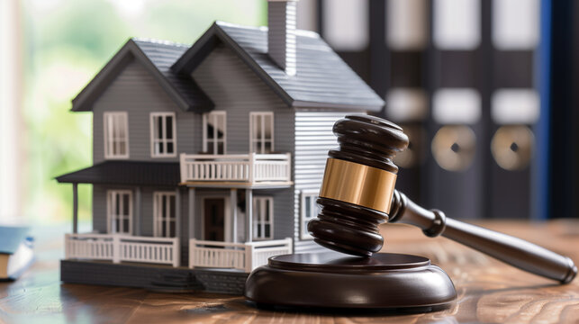 Real Estate Law Concept with Gavel and House Model. A model home next to a judge's gavel on a wooden desk, depicting real estate law, property disputes, and legal proceedings.