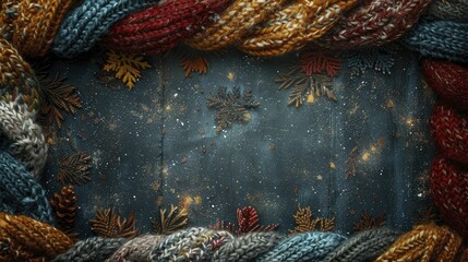 snug winter wonderland with a cozy knitted wool space surrounded by a warm fireside border for showcasing apparel and accessories. - obrazy, fototapety, plakaty