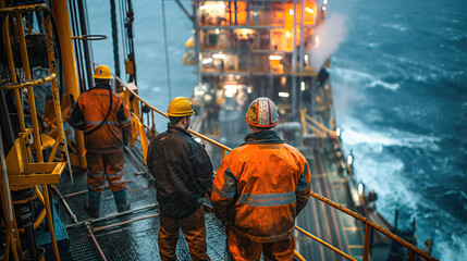 Workers observe the sunrise over the ocean, a moment of tranquility in the robust offshore oil and gas industry - obrazy, fototapety, plakaty