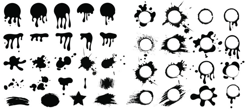 Set of black ink splatter and artistic blot design elements. Ink splashes. Rough smears and stains. Adds a nice texture effect to designs. Hand-drawn vector isolated elements set.