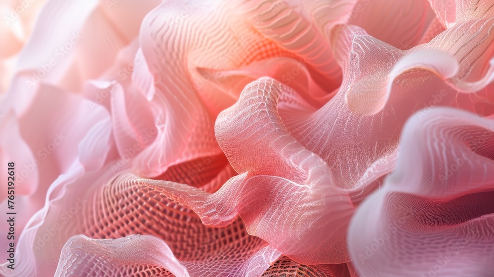 Poster soft undulating waves of a light pink mesh fabric, creating an abstract and artistic backdrop with a