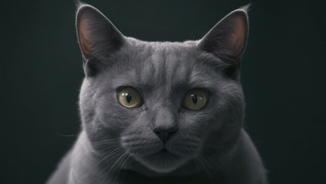 Portrait of a British gray cat. Close up. On a black background. Generative AI.