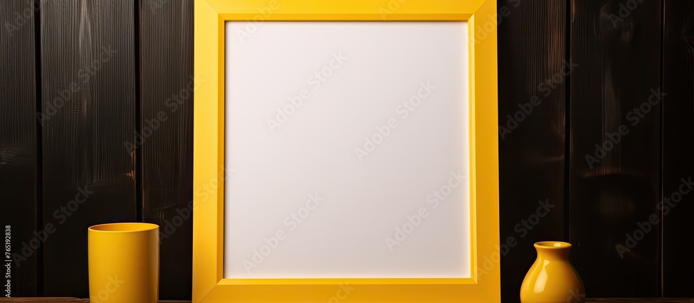 Aufkleber an amber rectangle picture frame is symmetrically displayed on a wooden table alongside an orange va