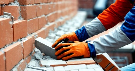 A construction worker expertly places paving bricks, harmonizing individual pieces into a cohesive pathway. The focus is on the alignment and uniformity of the stones in urban construction. - obrazy, fototapety, plakaty