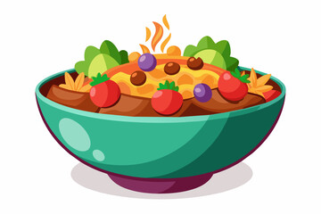 A family bowl filled with food, against a white background,