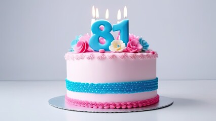 Birthday cake with number 81 candle on white background. generative ai