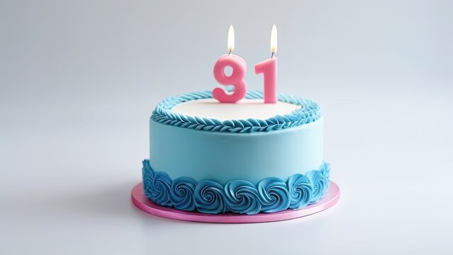 Birthday cake with number 91 candle on white background. generative ai