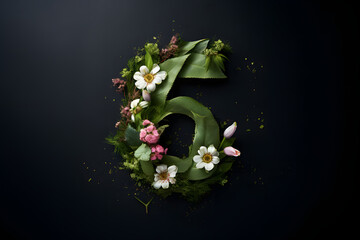 Number six surrounded by different spring flowers on dark background. Happy Valentine's Day.