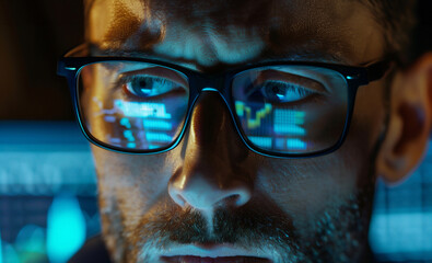Close up man portrait in glasses reflection of stock trading graphics on the monitor in glasses .