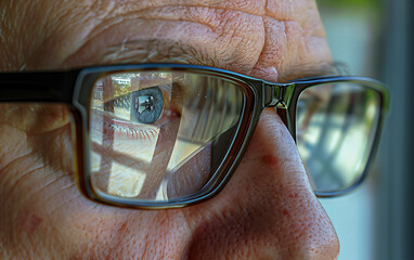 Close up man portrait in glasses with reflection in glasses .
