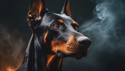 Portrait of a Doberman on dark background 