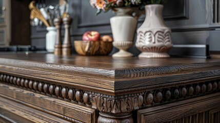This elegant design combines Dark Oak and English Manor elements for a timeless traditional home decor and furniture showcase.