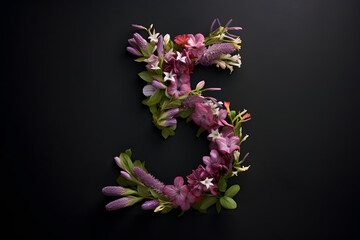 Number five surrounded by different spring flowers on dark background. Happy Valentine's Day.