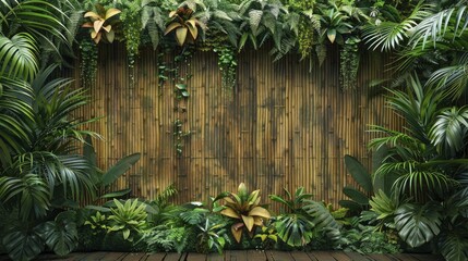 Experience an eco-friendly oasis with a lush rainforest border surrounding sustainable bamboo displays for sustainable lifestyle products.