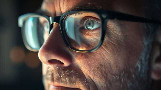 Close up man portrait in glasses looking awy.
