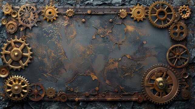 captivating steampunk showcase with a central theme of Brass Gears, surrounded by an Inventor's Workshop setting.