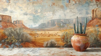 cozy display setting with a warm terracotta center surrounded by a Southwestern desert landscape for showcasing artisan pottery and home accents.